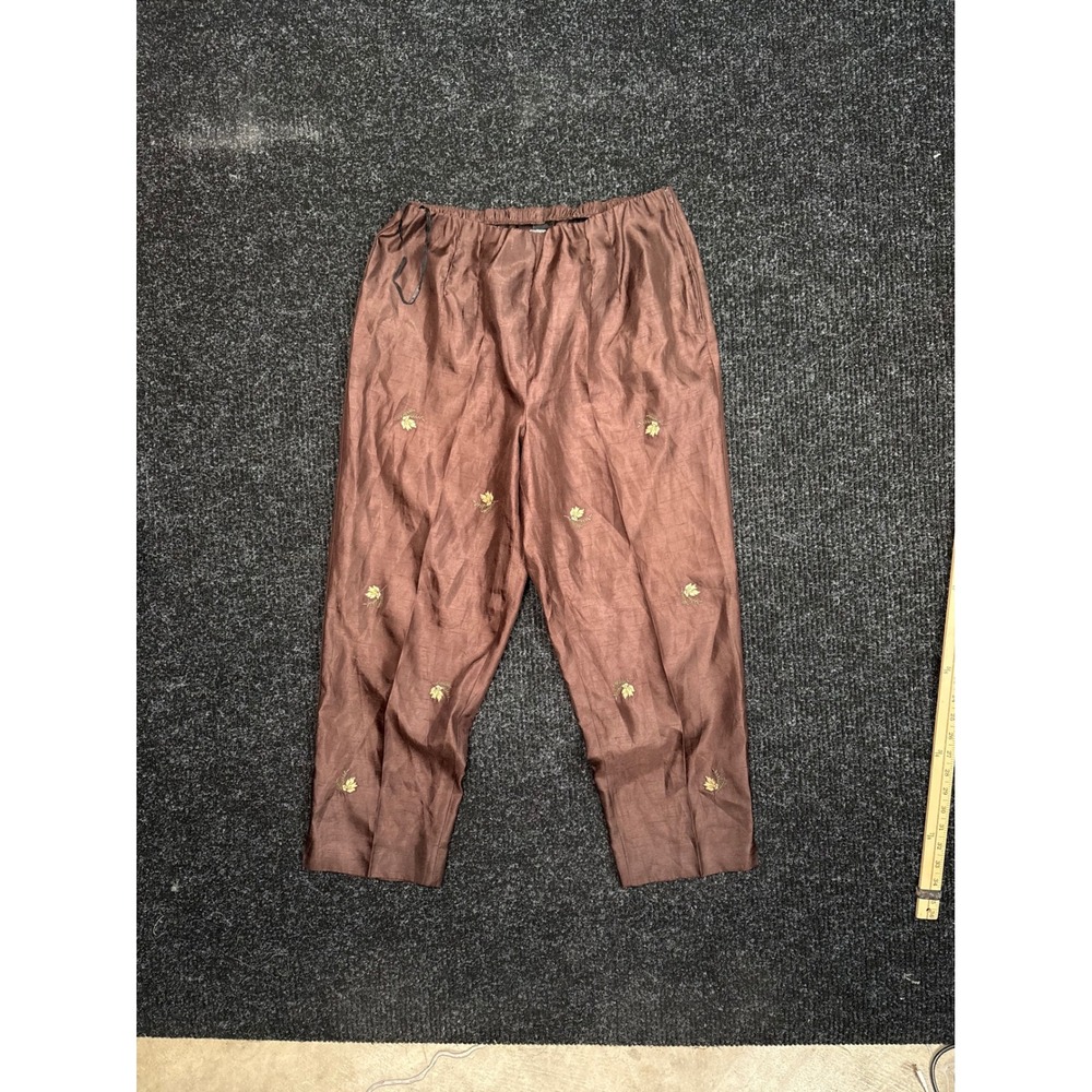 Vintage Brown Embroidered Leaf Satin Trousers High Waist Petite Pants 14WP
